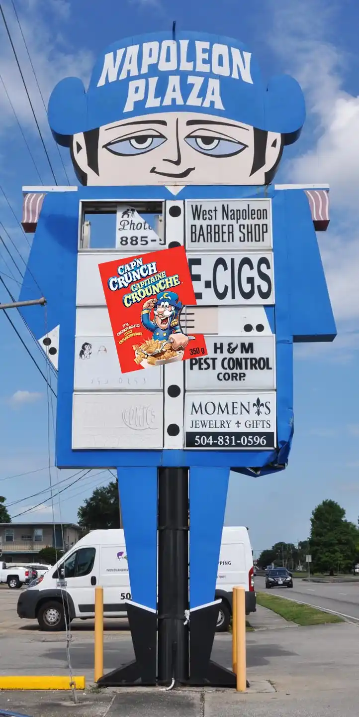 A giant blue Napoleon Plaza sign shaped like a cartoonish man with a hat, displaying various local business ads including…