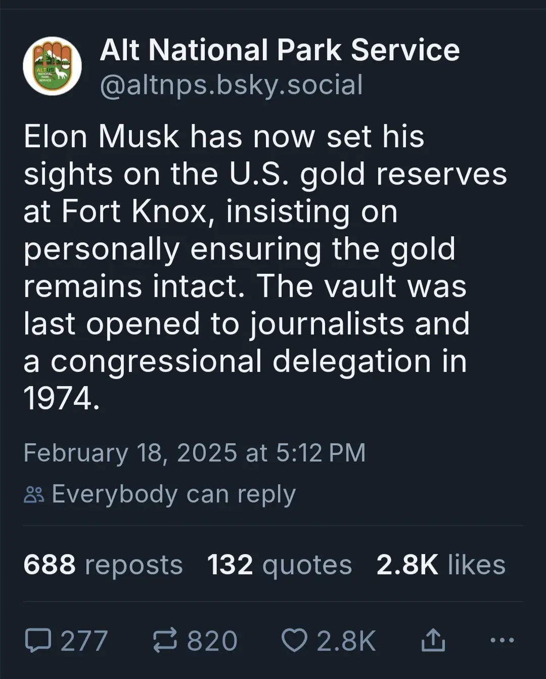 A screenshot of a social media post from 'Alt National Park Service' with a dark background and white text. The post…
