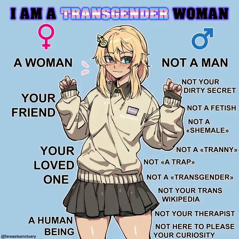 An anime-style illustration of a blonde woman in a beige sweater and skirt, with text surrounding her. The text declares she…