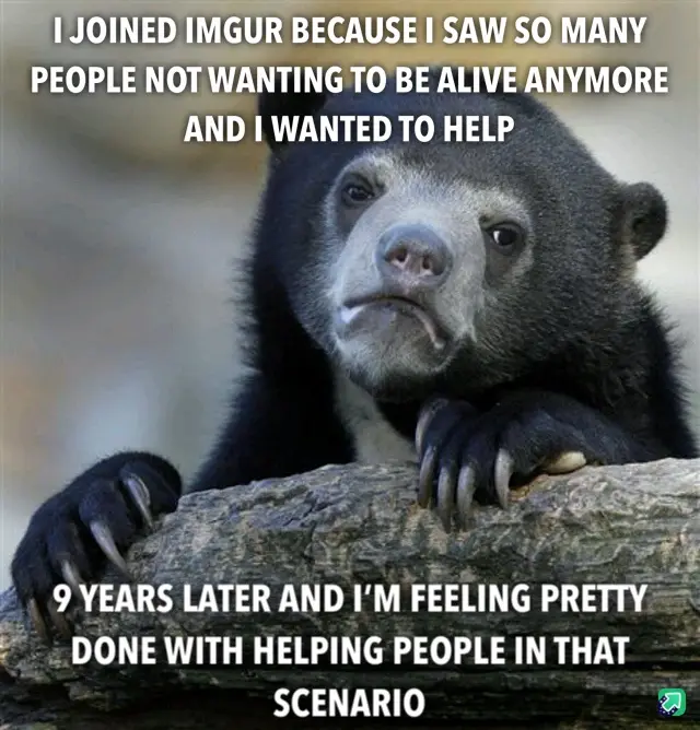 A close-up photo of a sad-looking spectacled bear resting its paws on a log, with white text overlaid in two blocks. The top…