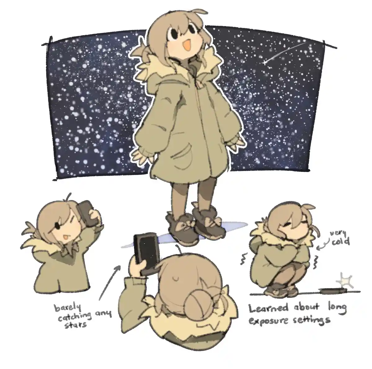 An anime-style girl in a winter coat stands before a starry night sky, while three smaller panels show her struggling to…