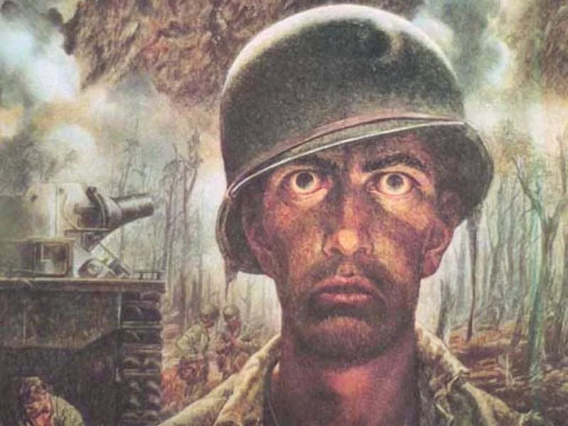 A painting depicts a weary, wide-eyed soldier in a helmet staring directly at the viewer, with a tank and other soldiers…