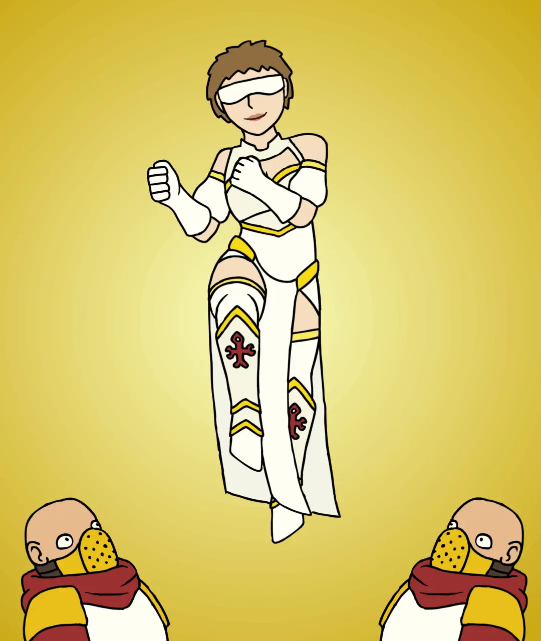 The image displays three vertical panels, each showing a blindfolded female character in a white and gold outfit with red…