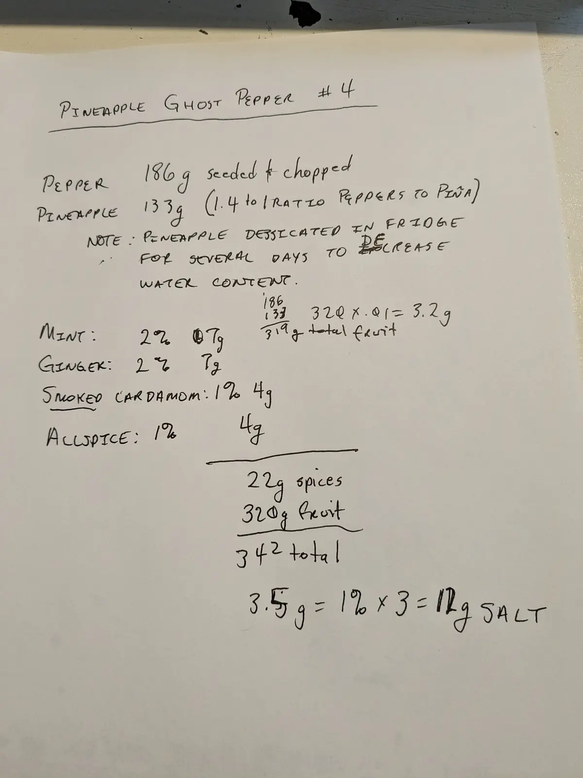A handwritten recipe titled 'Pineapple Ghost Pepper #4' lists ingredients like 186g chopped pepper and 133g pineapple with a…