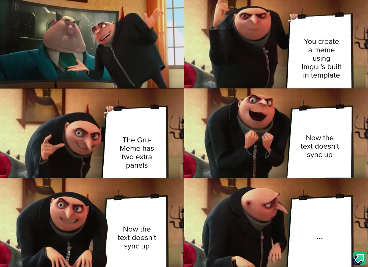 A six-panel meme featuring Gru from Despicable Me holding up whiteboards with text, showing the frustration of creating a…