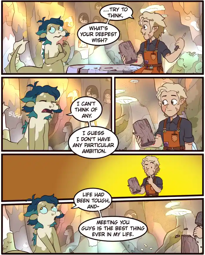 A comic strip shows a blue-haired dragon-like creature being asked by a human-like character what their deepest wish is. The…