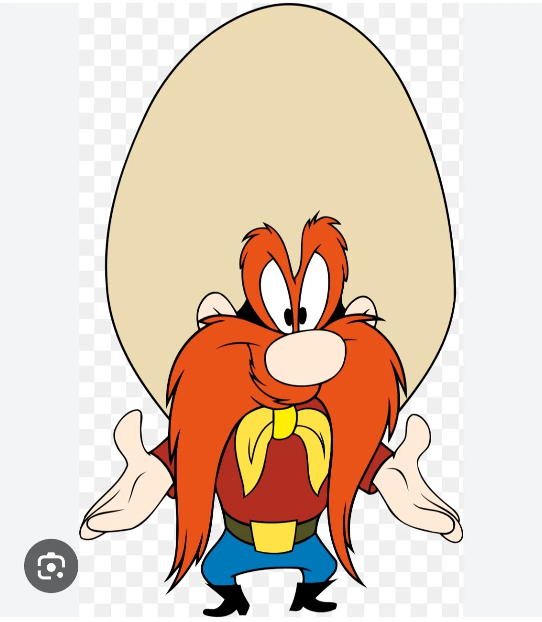 A cartoon character with red fur, a yellow bowtie, and blue pants stands with arms outstretched, looking surprised or…