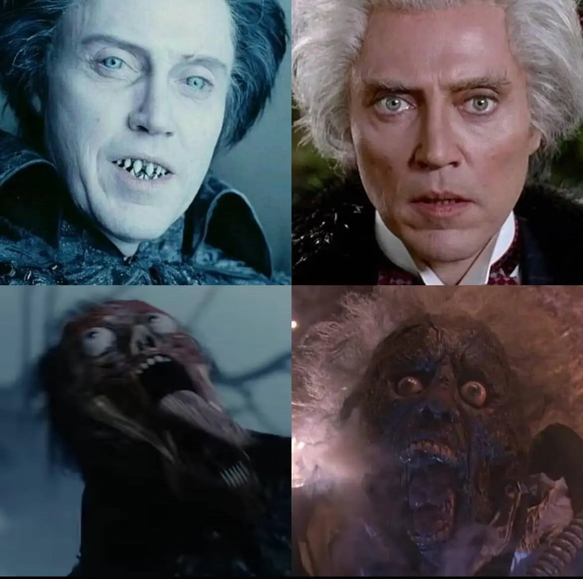 This four-panel image shows actor Christopher Lee in two different roles: top-left as a vampire with fangs and pale skin…