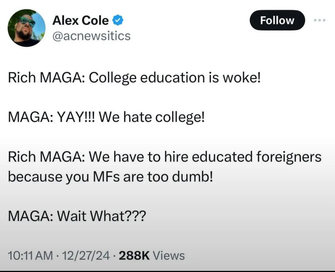 A screenshot of a Twitter post by Alex Cole (@acnewsitics) showing a humorous dialogue contrasting 'Rich MAGA' and regular…