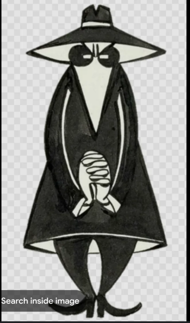 A black-and-white cartoon drawing of a stylized, shadowy figure wearing a wide-brimmed hat, dark sunglasses, and a long…