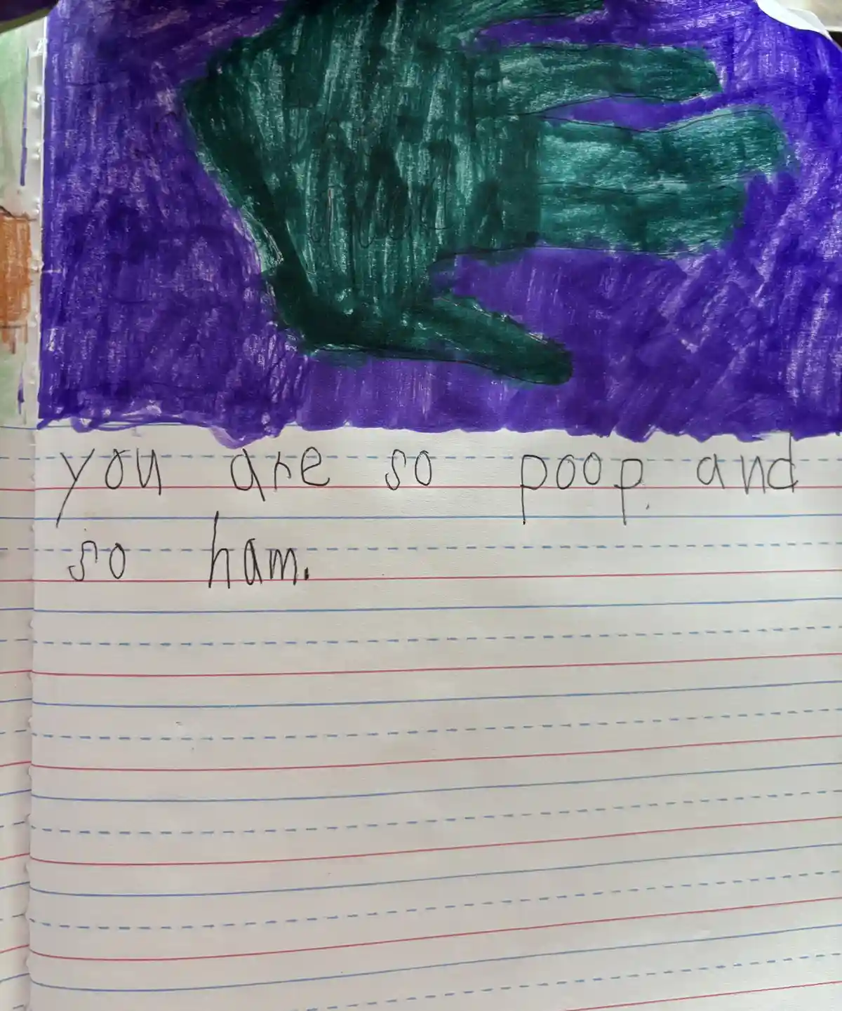 A child's drawing on lined notebook paper shows a green handprint outlined in black, set against a purple background. Below…