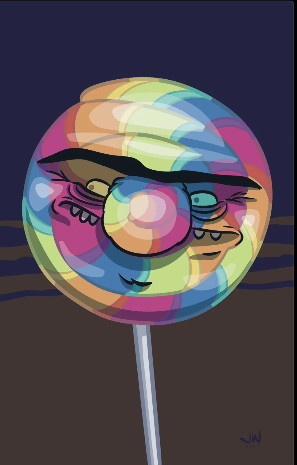 A colorful, swirled lollipop with a cartoon face featuring a thick black eyebrow, one eye winking, a large nose, and a…