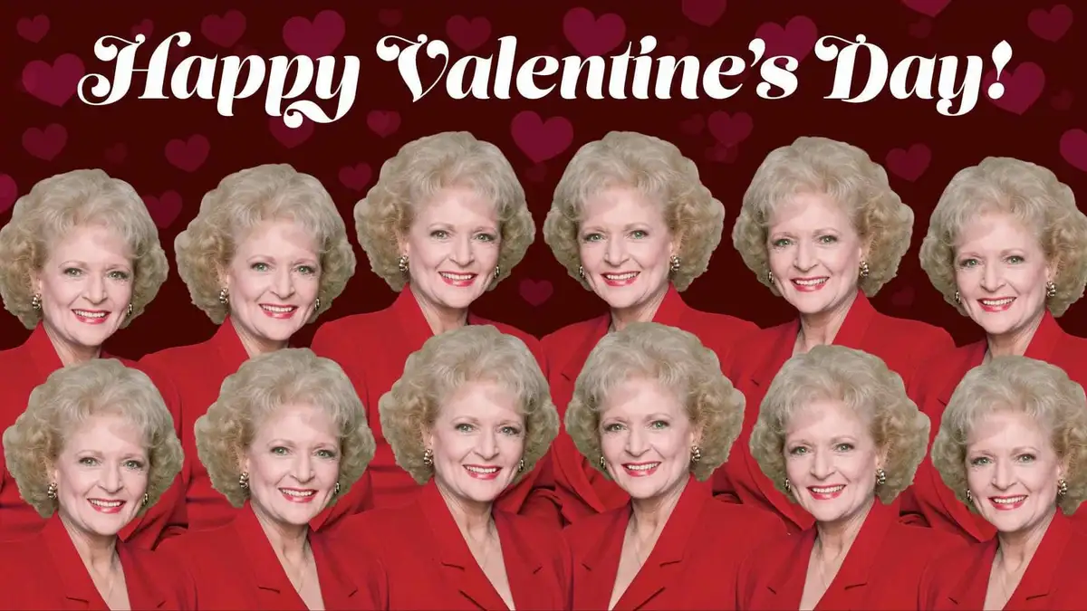 The image features multiple copies of actress Betty White, all wearing red blazers and smiling, arranged in two rows against…