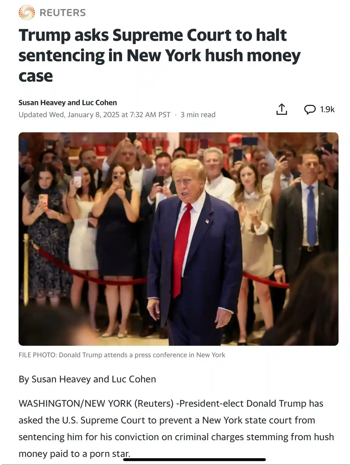 A screenshot of a Reuters news article shows a photo of Donald Trump walking through a crowd of people holding up phones to…