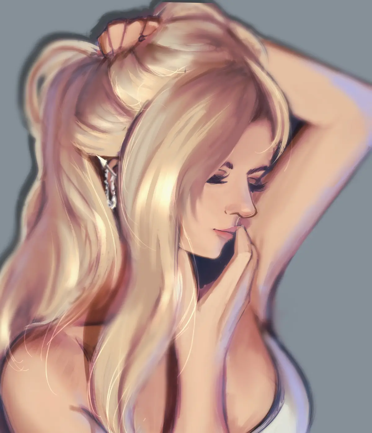 A digital painting of a woman with long blonde hair in a high ponytail, wearing a white top and a dangling earring, looking…