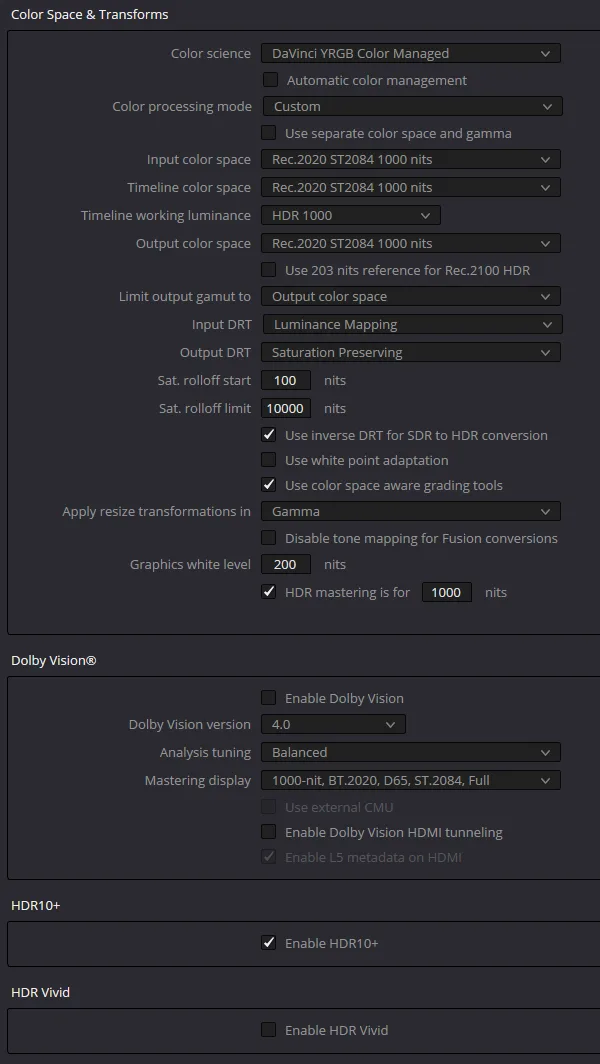 A screenshot of a video editing software's color grading settings panel, showing various HDR and color management options…