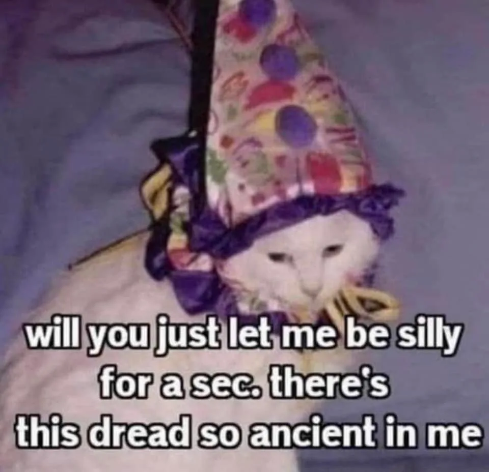 A white cat with a bored or unimpressed expression wears a colorful, patterned party hat with a purple ribbon. The cat is…