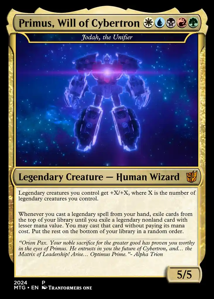 This image is a mock Magic: The Gathering card featuring a glowing, cosmic robot named 'Primus, Will of Cybertron' against a…