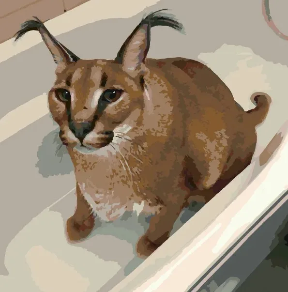 A stylized, painterly image of a caracal, a wild cat species with distinctive tufted ears, sitting inside a white bathtub…