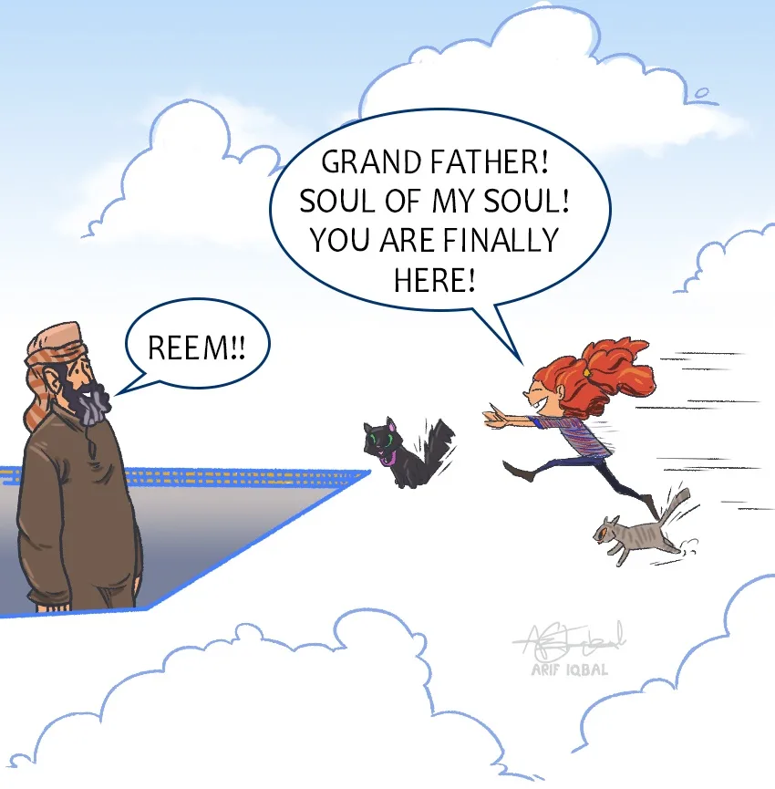 A cartoon girl with red hair runs toward a bearded man in a brown robe standing on a cloud platform, exclaiming 'GRAND…