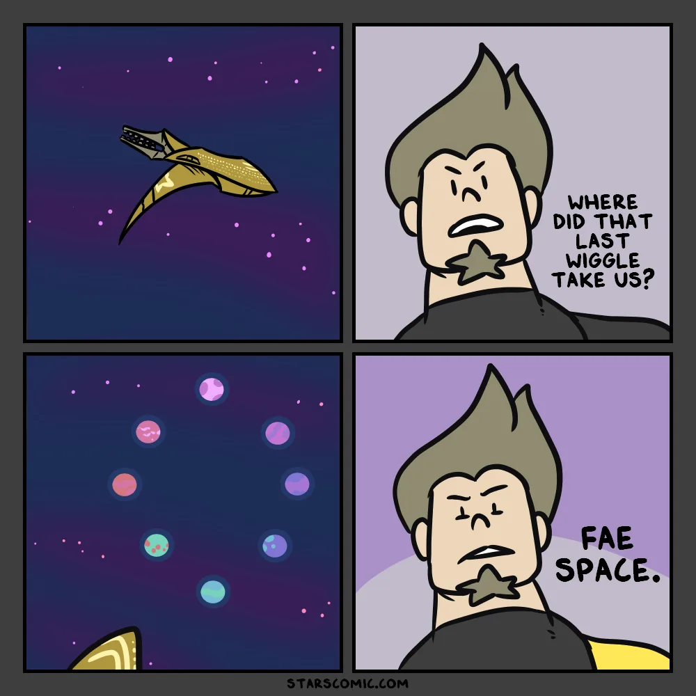 A four-panel comic shows a spaceship flying through space, then a man with a star-shaped goatee asking where the last…
