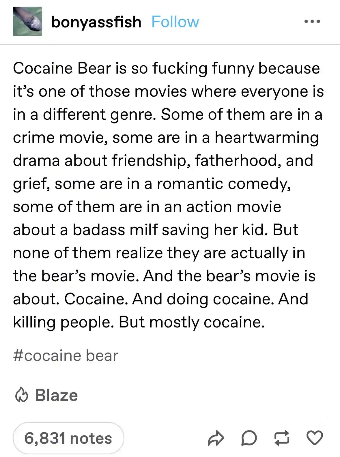 A screenshot of a Tumblr post by user 'bonyassfish' featuring a lengthy text commentary about the movie 'Cocaine Bear'. The…