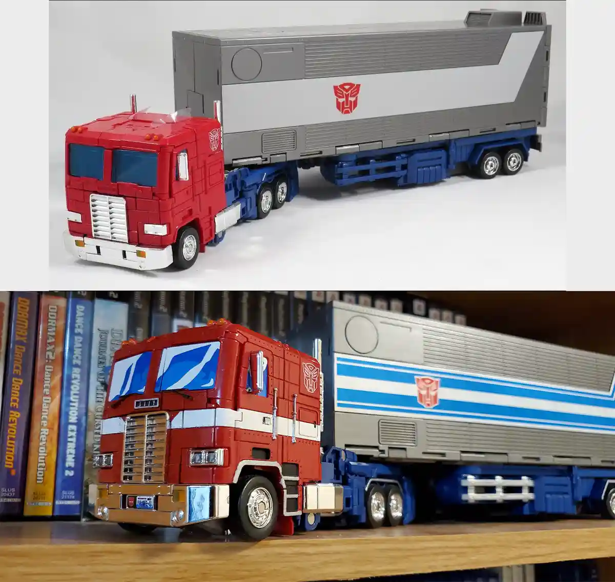 The image displays two photos of a red and blue Transformers toy truck, Optimus Prime, in a before-and-after format. The top…