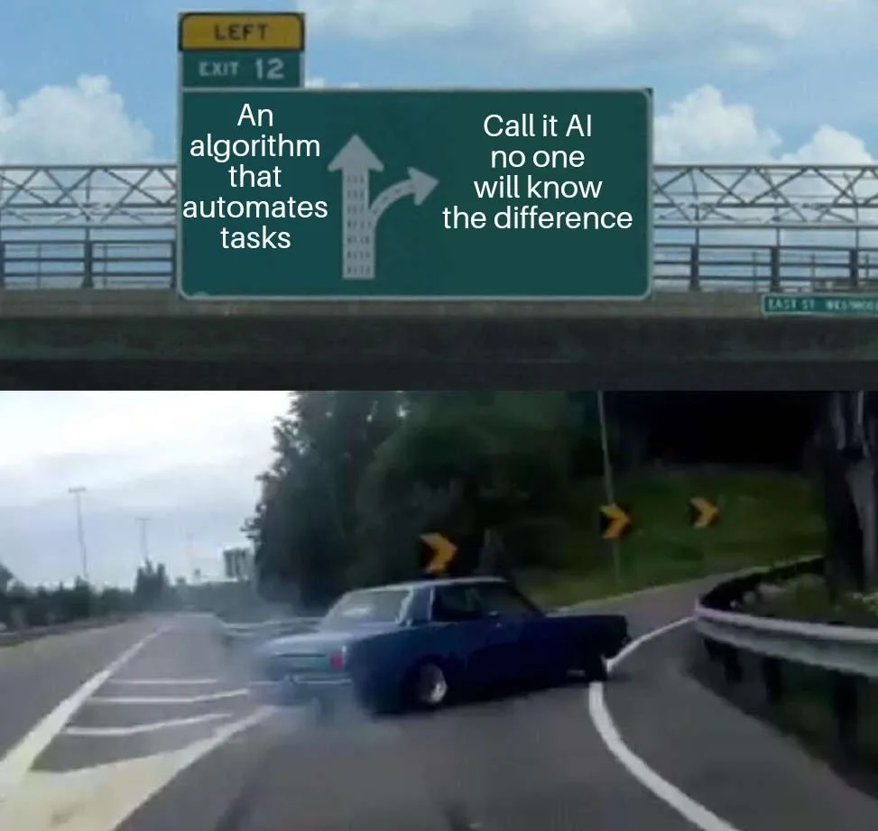 A highway sign with two arrows, one straight and one right turn, labeled 'An algorithm that automates tasks' and 'Call it AI…