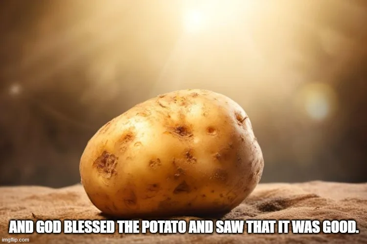 A single, unpeeled potato sits on sandy ground under a bright, hazy sun with lens flare, evoking a divine or biblical scene…