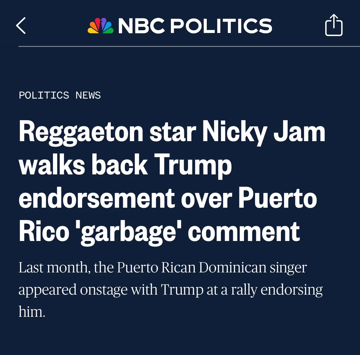 A screenshot of an NBC Politics news article with a dark blue background and white text. The headline reads 'Reggaeton star…