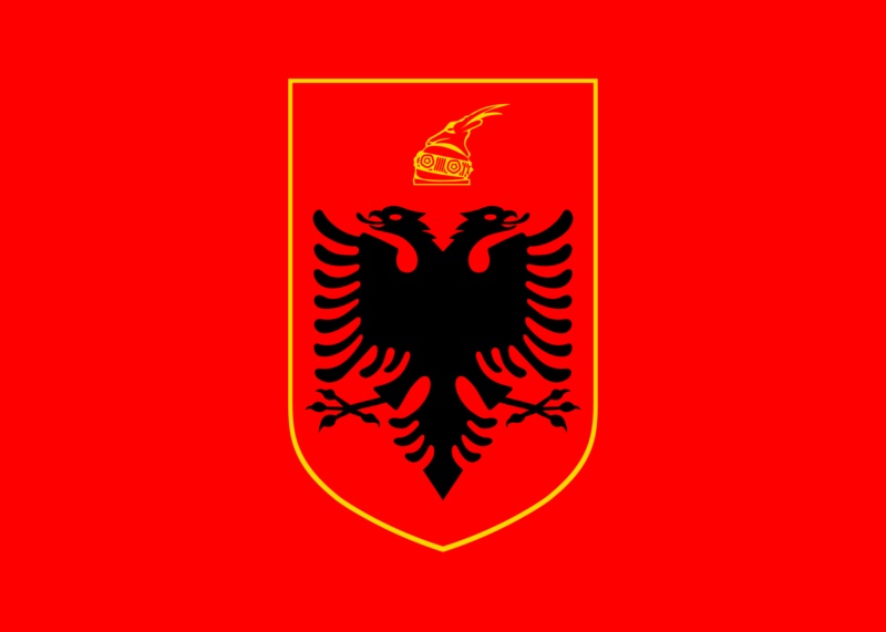 a solid red flag with a central yellow-bordered shield containing a black double-headed eagle with a golden crown on its…