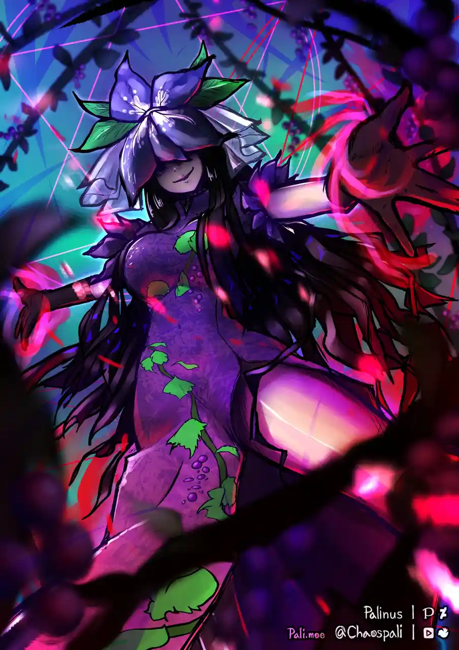An anime-style illustration of a female character with long black hair, wearing a large purple flower hat and a purple dress…