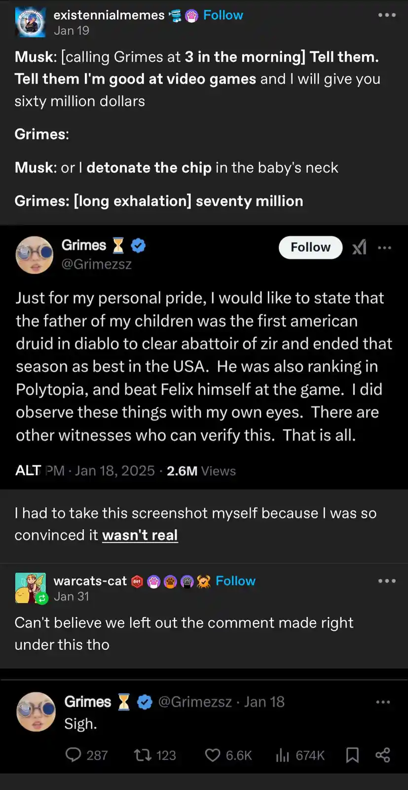 The image displays a screenshot of a Twitter thread where a fictional dialogue is overlaid, showing Elon Musk offering…
