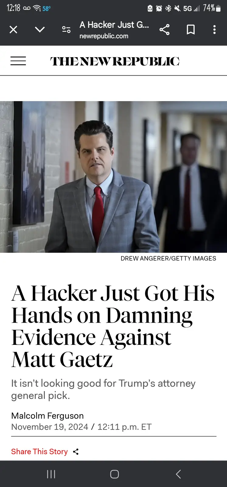 The image shows a screenshot of a New Republic article with a photo of Matt Gaetz in a gray suit and red tie, looking…