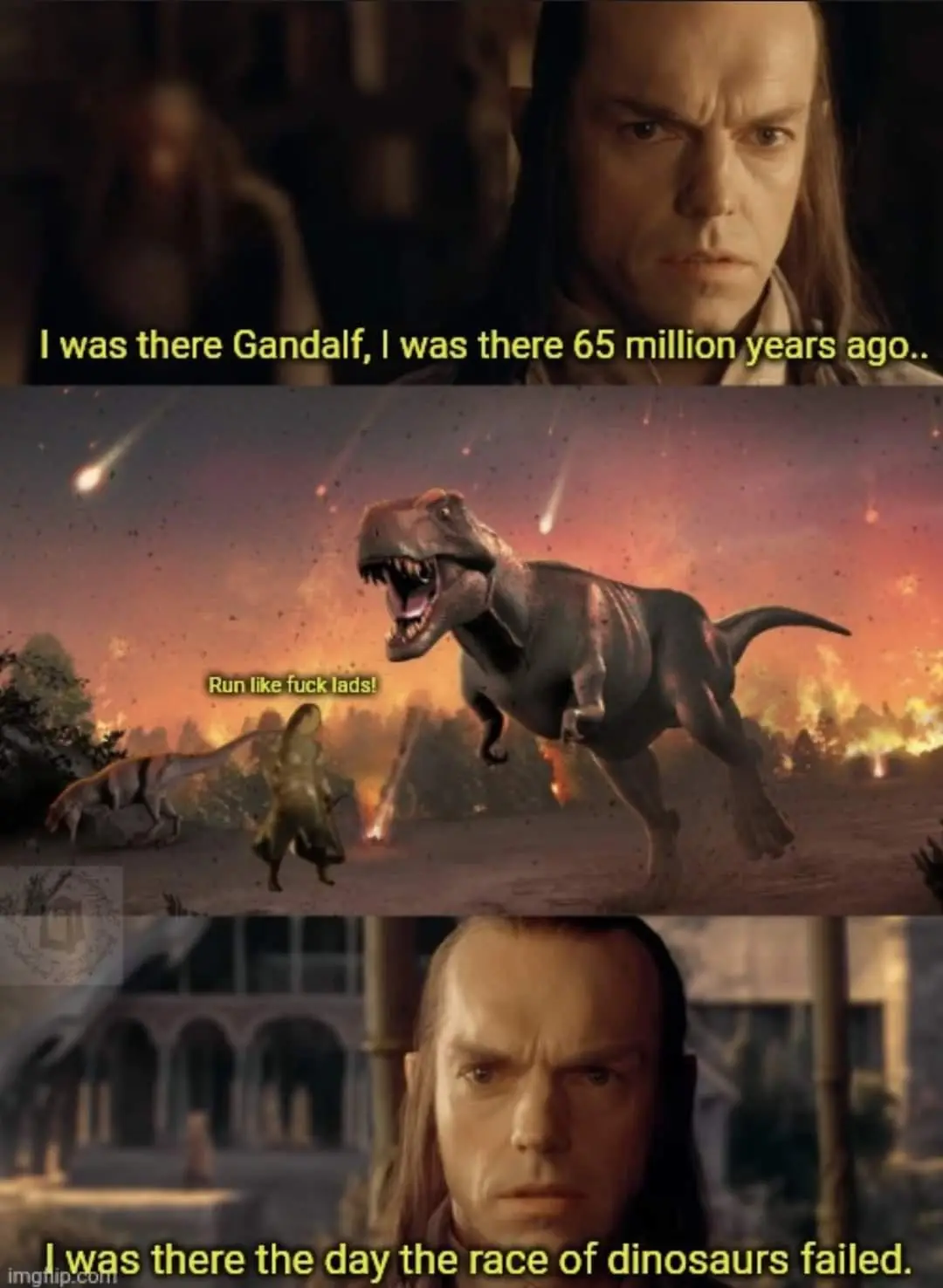 The meme features three panels: top and bottom show a close-up of the character Elrond from 'The Lord of the Rings' with a…