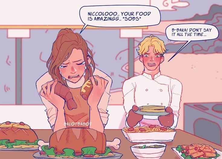 A cartoon woman in an apron is dramatically sobbing while holding a piece of food, praising a chef named Niccolo. The chef…