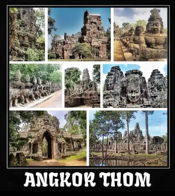 A collage of seven photos showcasing Angkor Thom's ancient stone ruins, including carved faces, temple towers, and statues…
