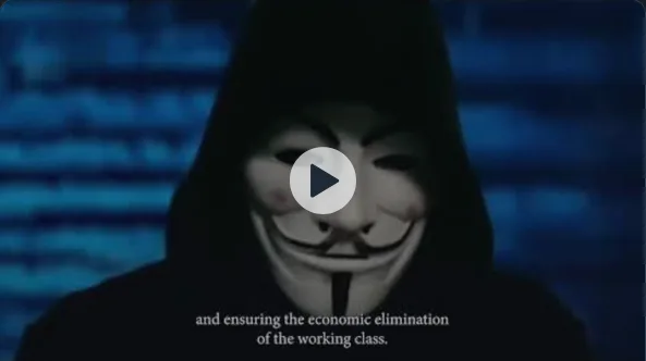 A person wearing a black hood and a white Guy Fawkes mask is shown against a blue digital background with a play button…