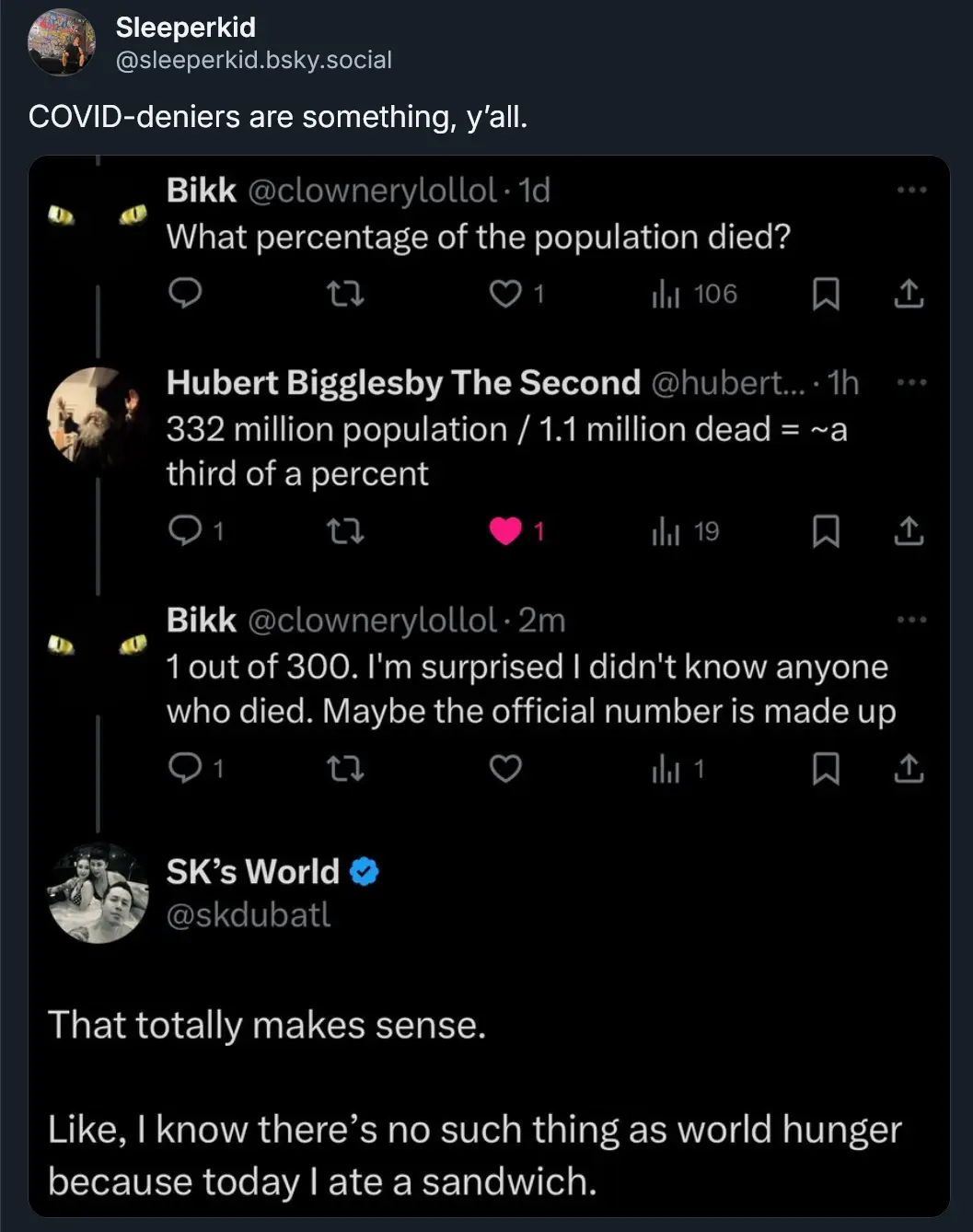 A screenshot of a social media thread shows a user asking what percentage of the population died from COVID. Another user…