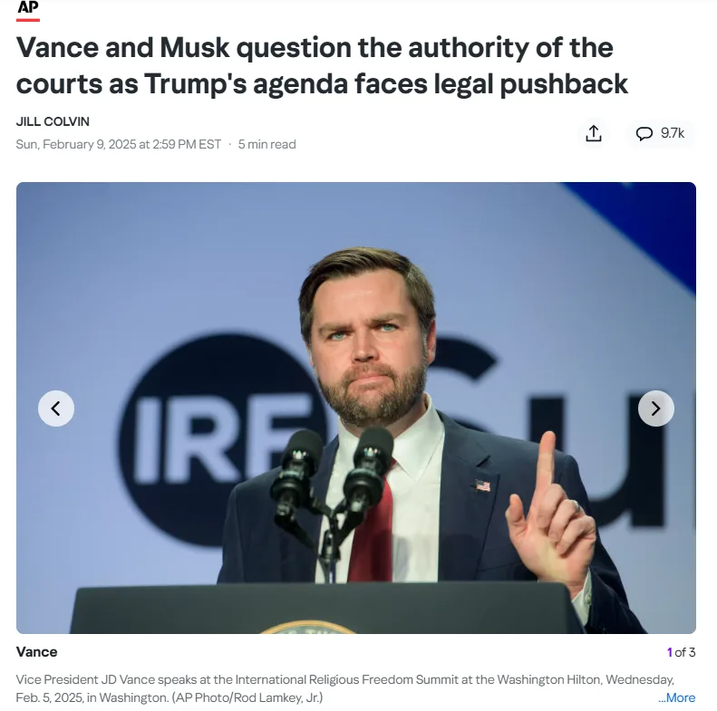 A screenshot of an AP news article shows JD Vance speaking at a podium with microphones, pointing upward with his right…