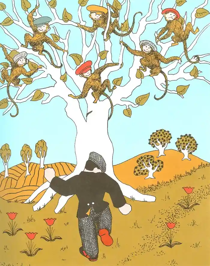 An illustration shows a man in a black jacket and checkered pants walking away from a large white tree with multiple monkeys…