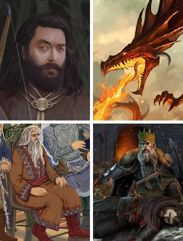 This four-panel meme collage features a bearded man with a bow, a fiery dragon, an elderly man seated in regal attire, and a…