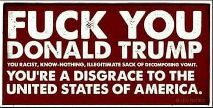 A red sign with white, bold, distressed text reads 'FUCK YOU DONALD TRUMP' followed by 'YOU RACIST, KNOW-NOTHING…