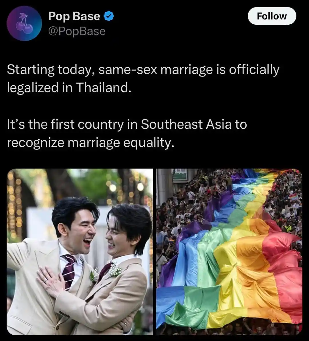 A screenshot of a tweet from Pop Base announcing Thailand's legalization of same-sex marriage, accompanied by two images…