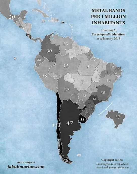 A grayscale map of South America with numerical data overlaid on each country, indicating the number of metal bands per…