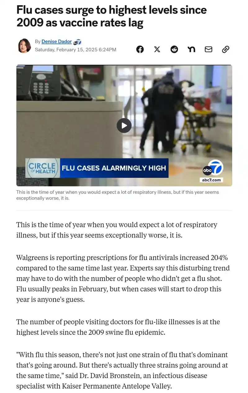 A screenshot of a news article from abc7.com dated February 15, 2025, with a headline about flu cases surging to record…