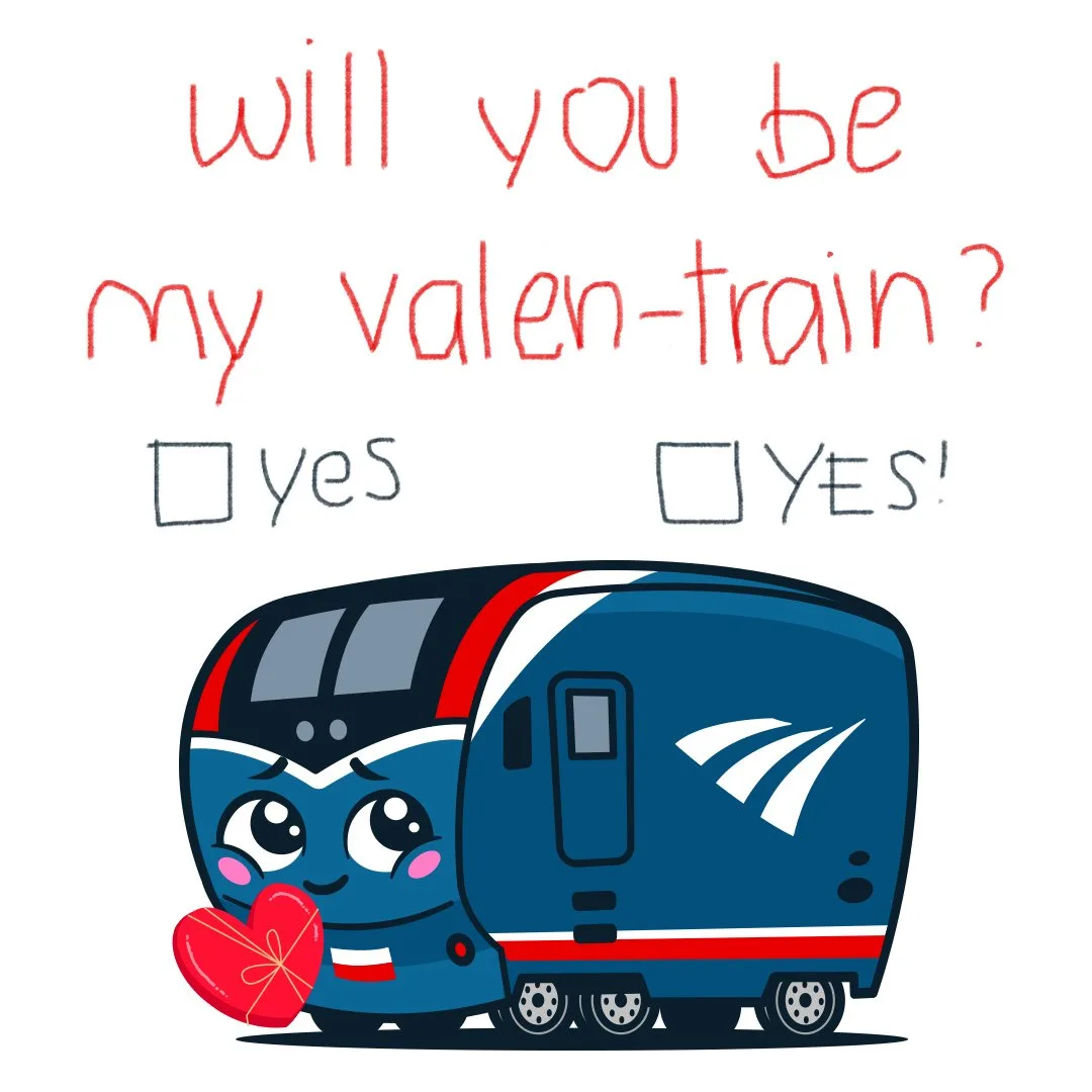 A cartoon blue train with red and white stripes, resembling a USPS mail train, holds a red heart and looks lovingly at the…