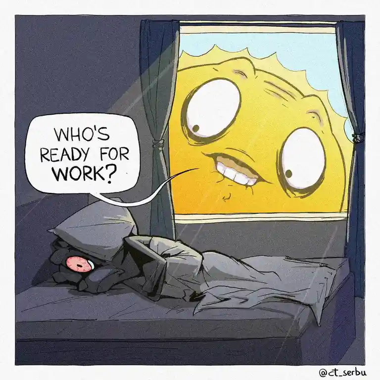 A cartoon sun with a cheerful, wide-eyed expression peers through a window into a dark room where a person is buried under…