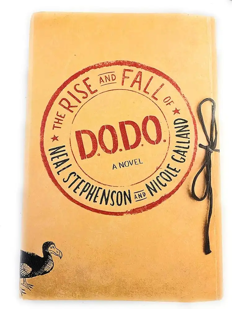 A book cover with a tan, textured cover and a red circular stamp design. The title 'THE RISE AND FALL OF D.O.D.O.' is…