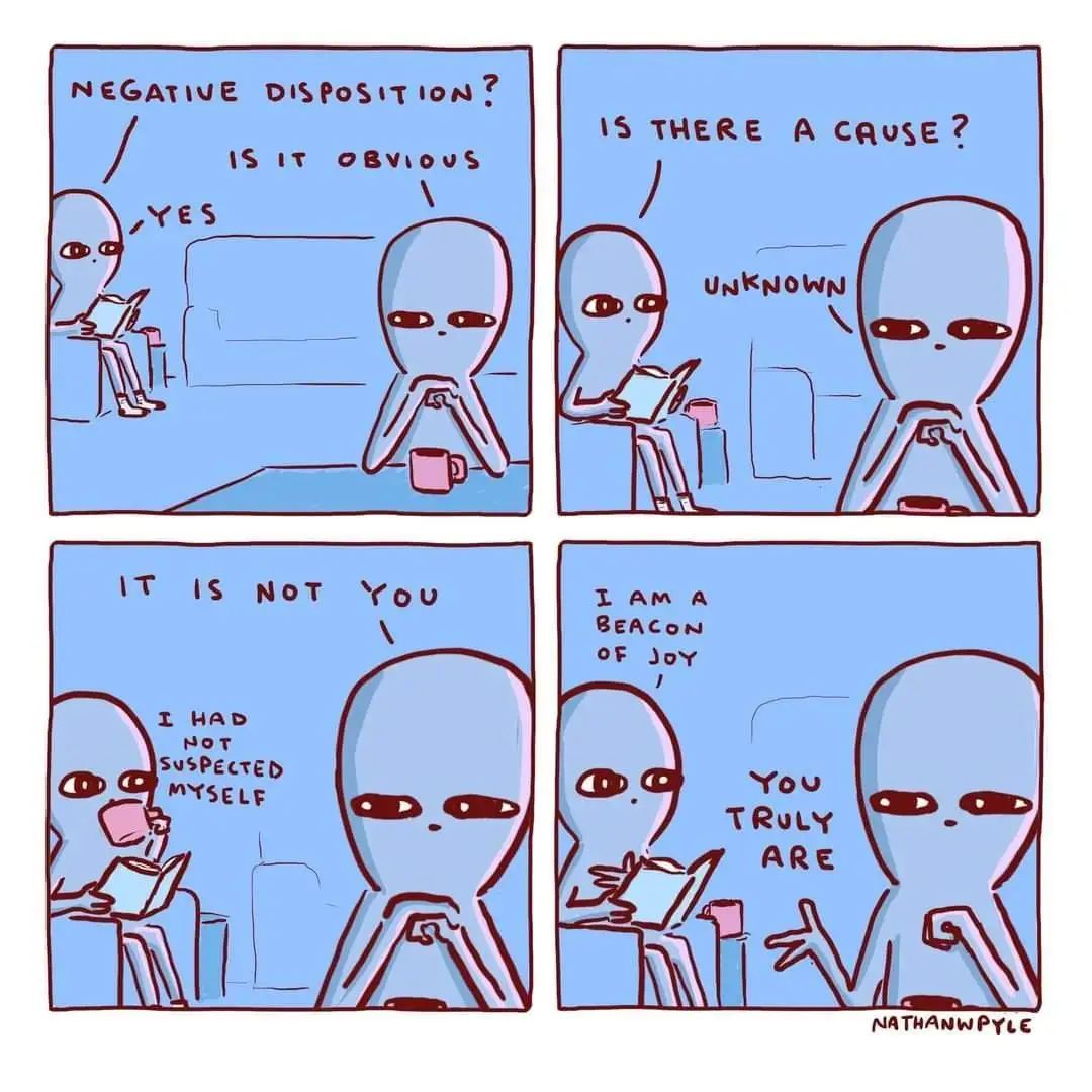 A four-panel comic featuring two blue-skinned alien characters. One alien asks if the other's negative disposition is…